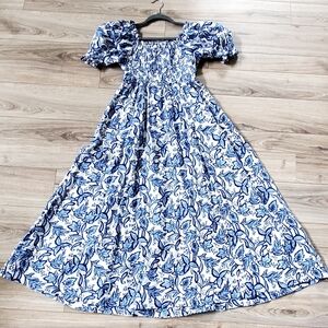 Boden White Blue Floral Leaf Print Linen Smocked Bodice Midi Dress, 4, LIKE NEW